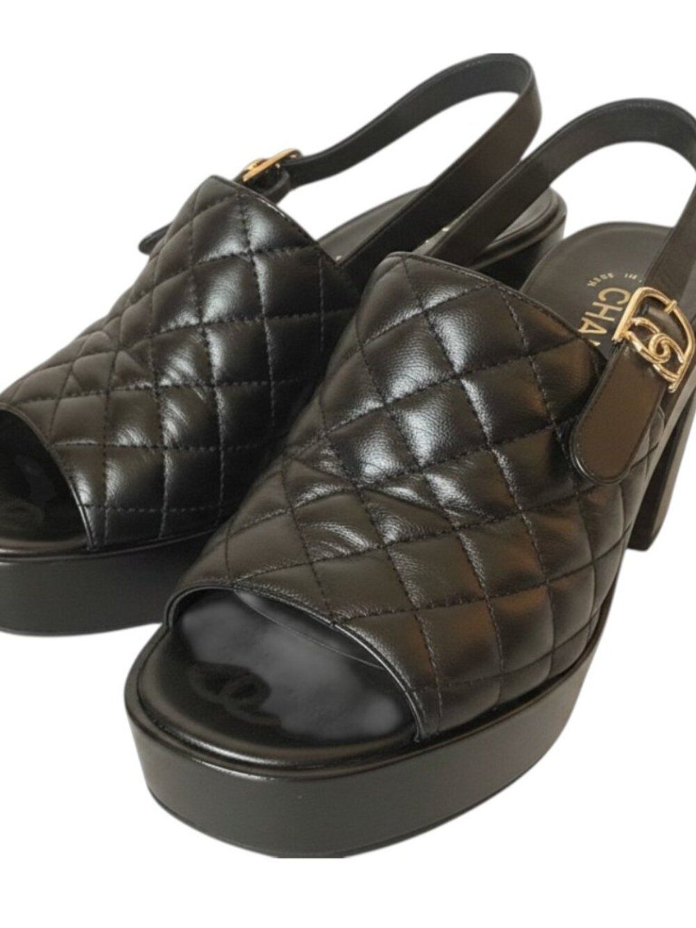 CHANEL CC LOGO QUILTED LAMBSKIN SLINGBACK BLOCK HEEL SANDALS BLACK 38 - Picture 2 of 14